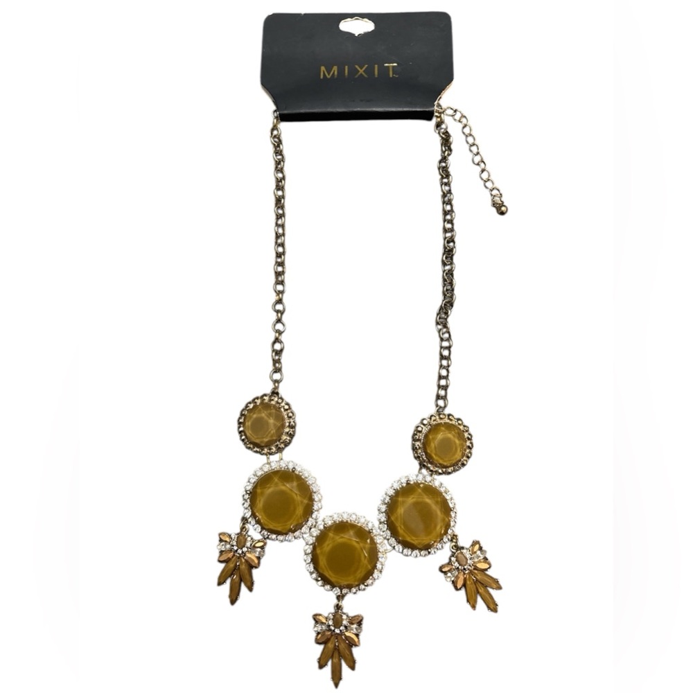 MIXIT Brown Resin Stones Gold Tone Chain Link Rhinestone Statement Necklace NWT